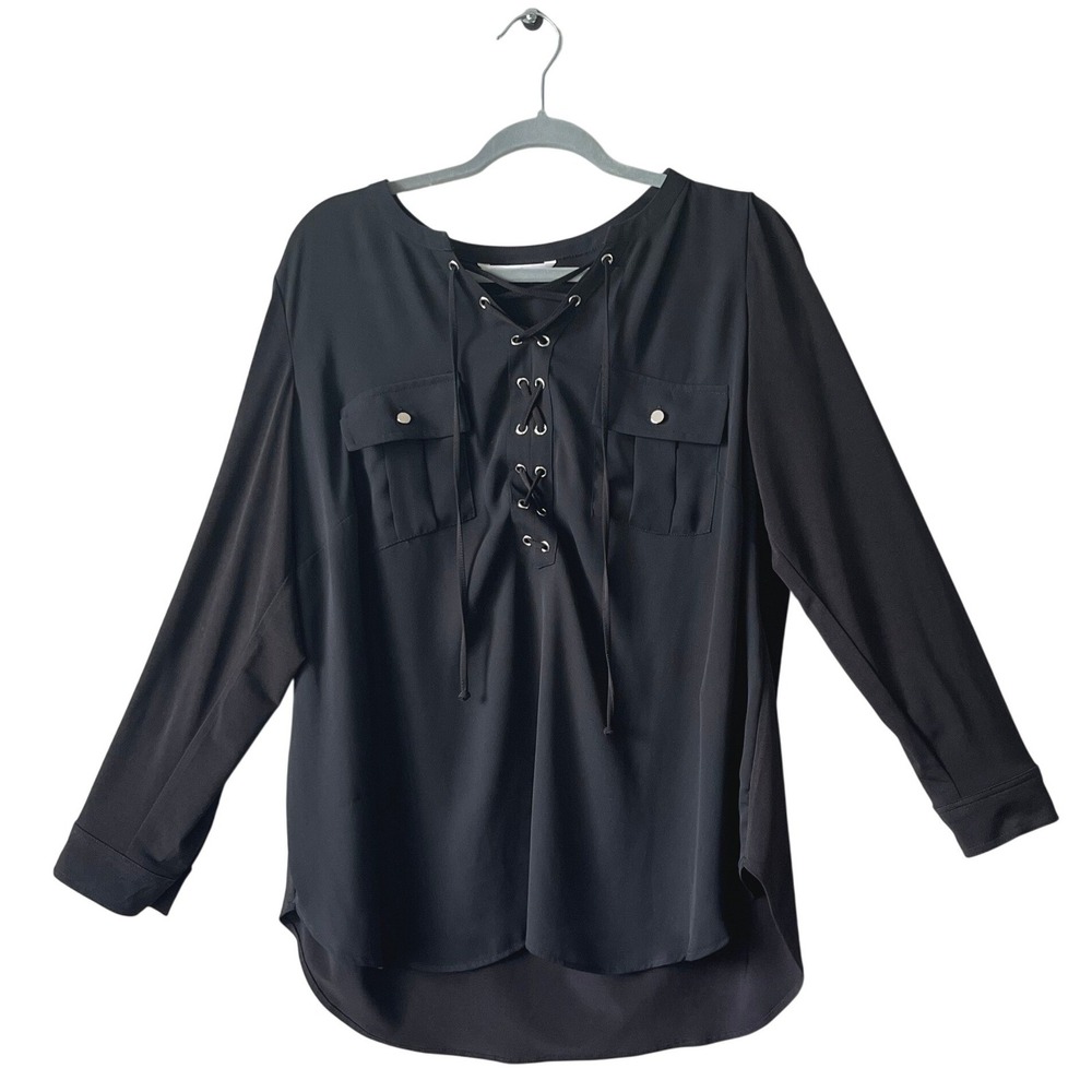 Nygard Womens Black Lace Up Grommet Neck Blouse Long Roll Tab Sleeve Top XL